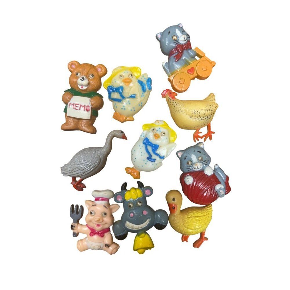 Vintage Animal Magnets Lot Of 10 Plastic Miniatures - Duck Goose Bear Pig Cat Co